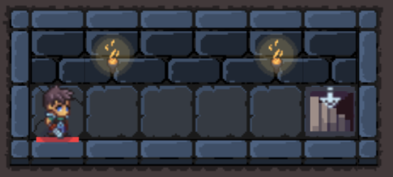 Python Dungeon game screen showing a character facing the goal door in a torch-lit dungeon