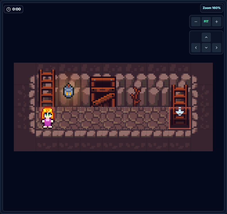 Level 1 Mine Movement game screen with a straight tunnel to the right and the target ladder