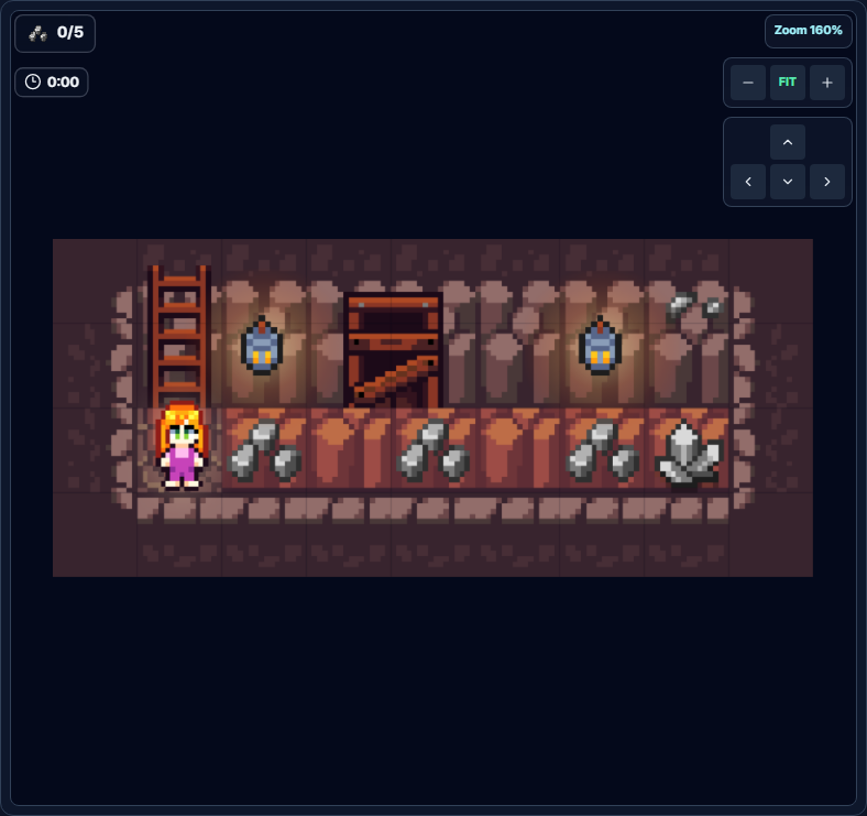 Level 7 Iron Mining game screen with small and medium iron ore in the tunnel