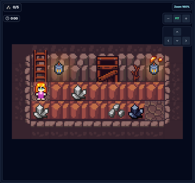 Level 9 Two-Row Patrol game screen with iron ore and coal mixed across two tunnel rows