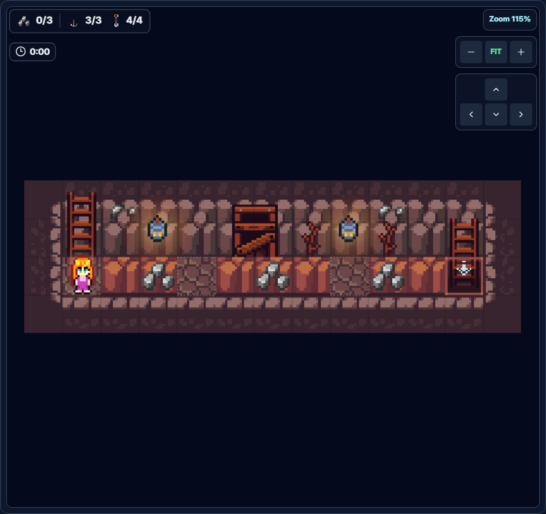 Level 14 Limited Actions game screen with iron ore and soft rocks placed along a long tunnel